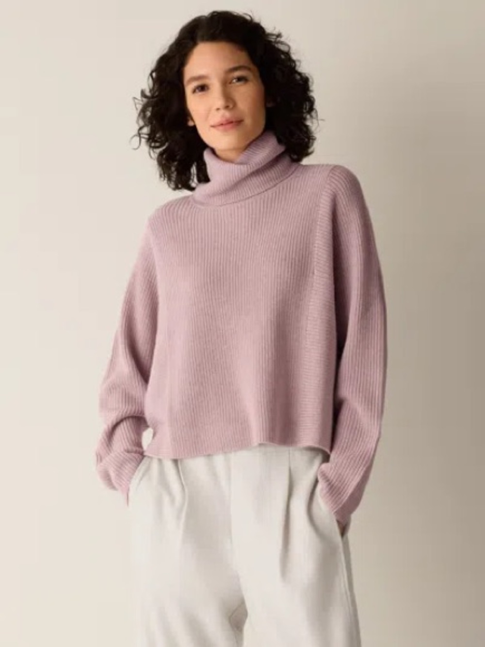 Eileen Fisher Merino Wool Turtleneck Ribbed Knit Sweater - Light Lavender size M